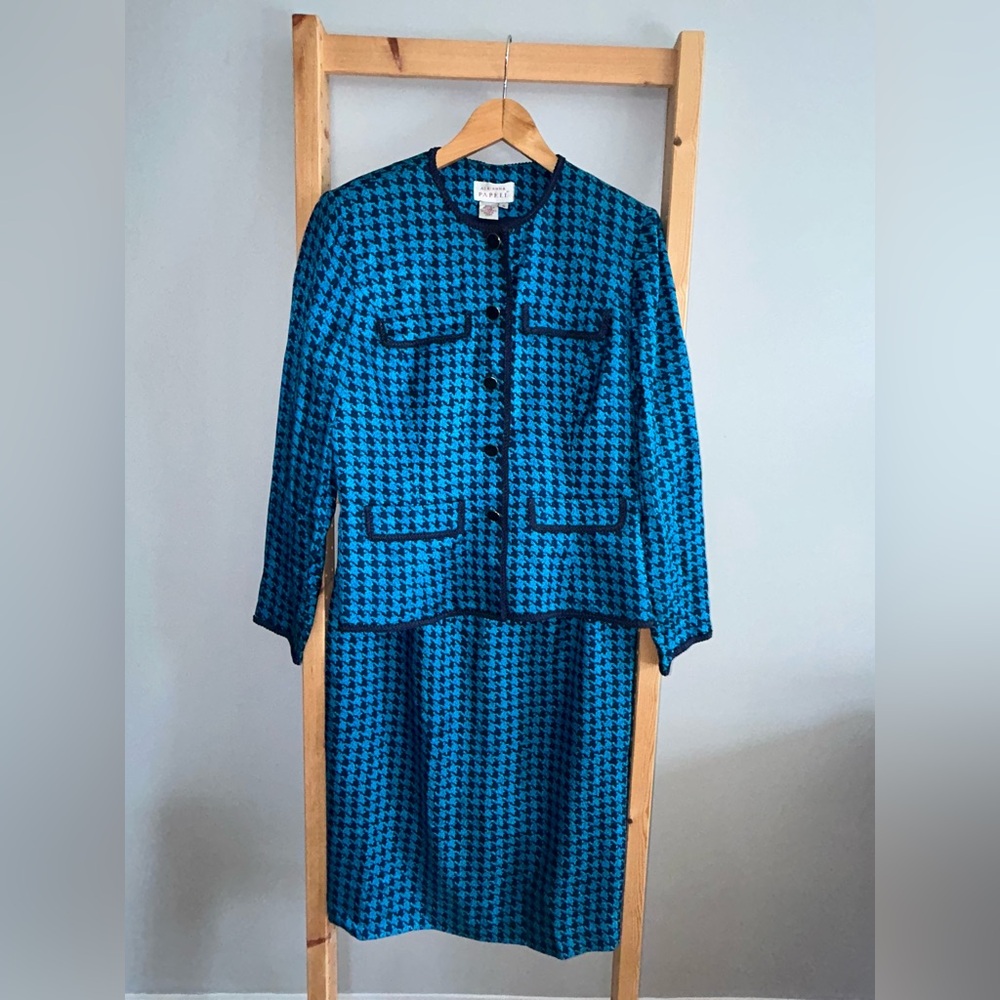 Adrianna Papell Vtg 90s Navy Blue/Teal Houndstooth Silk Jacket &.Skirt 2 Pc Sz 8
